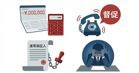 資金繰り悪化、取り立て、連帯保証、経営者の苦悩を表すアイコン