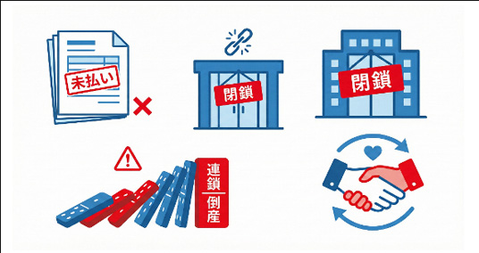 売掛金未払い、取引先倒産、連鎖倒産、関係維持の悩みアイコン