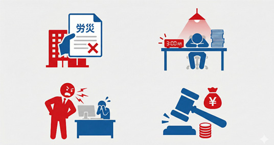 労災申請拒否、過労死、パワハラ、損害賠償の悩みアイコン