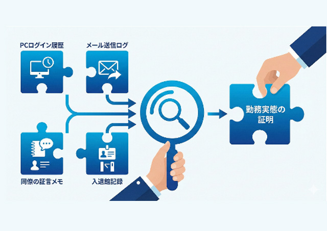 タイムカードなしでもPCログやヒアリングで証拠を集める図解